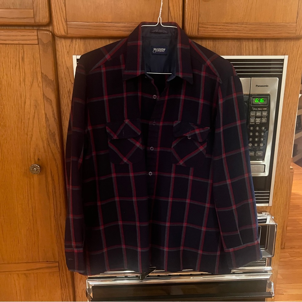Vintage 70s Strawbridge And Clothier Blue Plaid Flannel Button Down Shirt Large